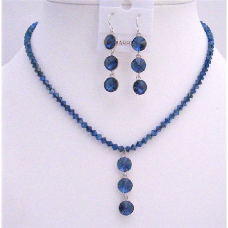 NSC606 Metallic Blue Crystals Drop Down Jewelry Set Genuine Swarovski Crystals Necklace Set
