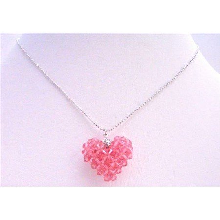NSC671 Handmade Puffy Heart Pendant Necklace Genuine Rose Swarovski Crystals Heart