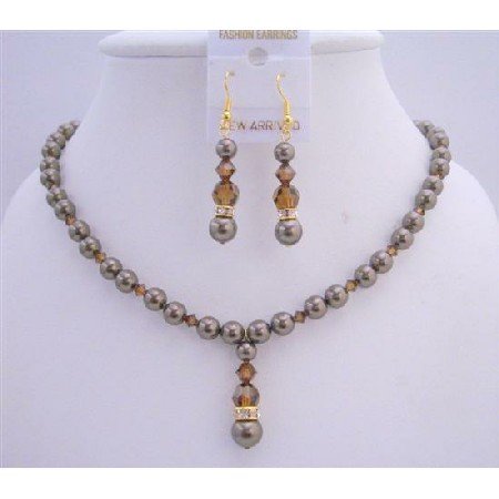 NSC650 Chocolate Pearls Smoked Topaz Crystals Jewelry Set Bridal Necklace Set w/ Silver Rondells