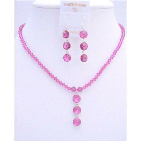 NSC614Fuschia Swarovski Crystals Jewelry Set w/Drop Down Pendant Necklace Set