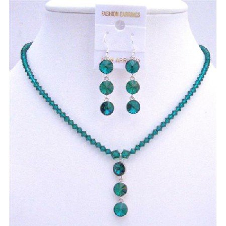 NSC608Handcrafted Emerald Swarovski Crystals Sterling Silver Earrings Necklace Set