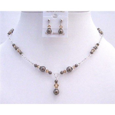 NSC652 Brown Pearls Lite Smoked Topaz Jewelry Set Drop Down In Sleek Silver Necklace Set