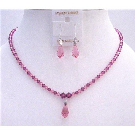 NSC651 Rose Pink & Fuschia Crystals Jewelry Set w/ Teardrop Necklace Set