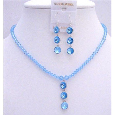 NSC613 Fine Aquamarine Crystals Swarovski Beads Elegant Sleek Jewlery Set w/ Drop Down
