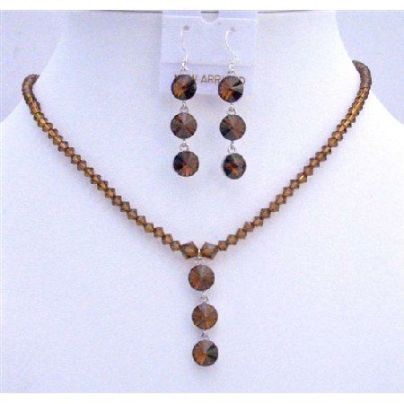 NSC607Smoked Topaz Crystals Drop Down Jewelry Set Sterling Silver Earrings Necklace Set