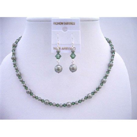 NSC581 Powder Green Pearls w/ Turmarine Swarovski Crystals Custom Jewelry Set Handcrafted Set