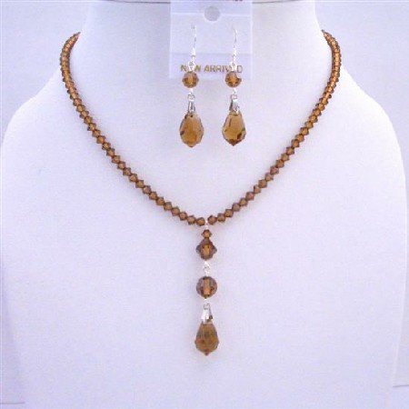 NSC587 Genuine Swarovski Smoked Topaz Crystals w/ Sterling Silver Earrings Necklace Set