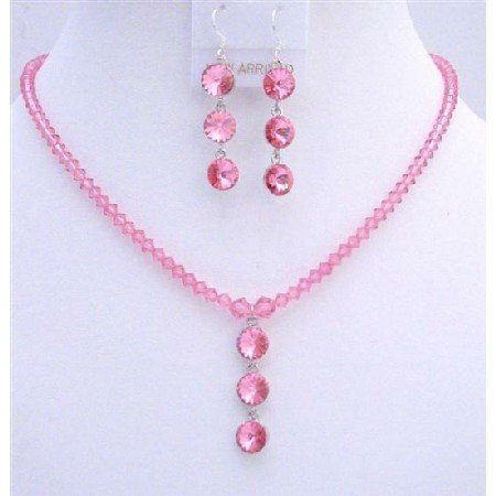 NSC618 Genuine Swarovski Rose Pink Crystals Drop Down Pendant Necklace Set