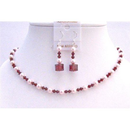 NSC632 Siam Red Swarovski Crystals w/ Rose Pink Pearls Neckalce Set