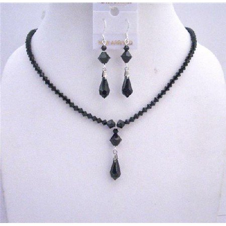 NSC538Black Crystals Jewelry Set Swarovski Jet Crystals w/Sterling Silver Earrings Necklace Set