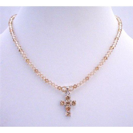 NSC580 Lite Smoked Topaz Crystals&Golden Shadow Crystals Necklace w/Crystals Cross Pendant Necklace