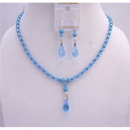 NSC536 Blue Turquoise Aquamarine Swarovski Crystals w/ Teardrop Necklace Set