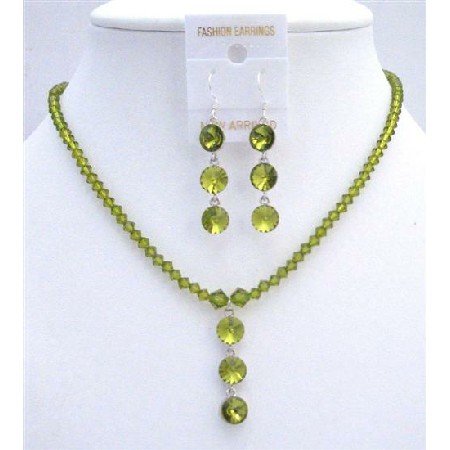 NSC611 Genuine Swarovski Olive Green Crystals Sterling Silver Earrings Necklace Set