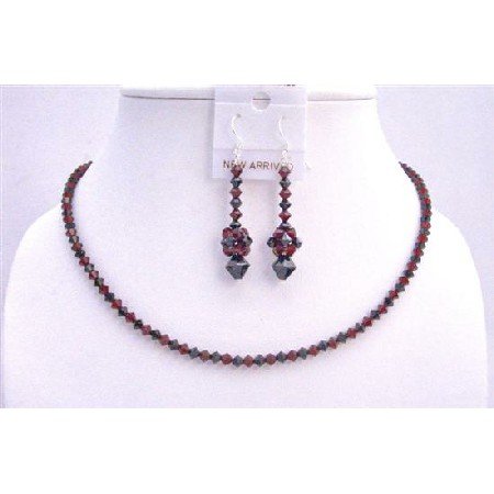 NSC588 Swarovski Siam Red And Jet Black Swarovski Crystals Necklace Set