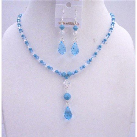 NSC658 Swarovski Aquamarine Turquoise Clear Crystals Jewelry Set TriColor Crystals Necklace Set