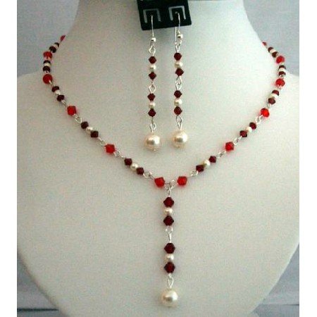 NSC260 Handcrafted Genuine Crystals Jewelry Siam Red w/ Cream Pearls Necklace Set Y