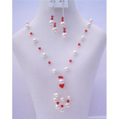 NSC485 White Pearls With Swarovski Siam Red Crystals & Pearls Tassel Drop Necklace Set