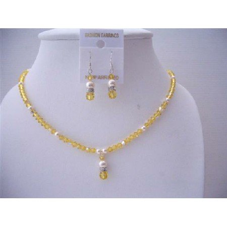 NSC545 Swarovski Lite Topaz Crystals And Ivory Pearls Jewelry Set