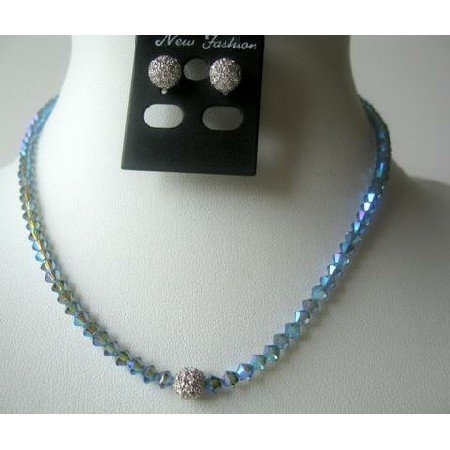 NSC331 Sparkling Genuine Crystals Indian Sapphire AB w/ Cute Round Cz Pendants Necklace Set