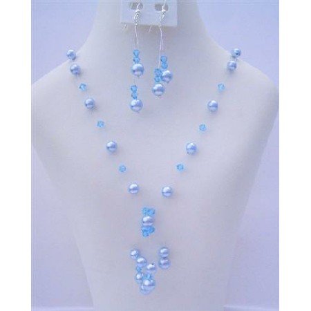 NSC484 Aquamarine Crystals and Pearls Genuine Swarovski Crystals & Pearls Tassel Drop Necklace Set