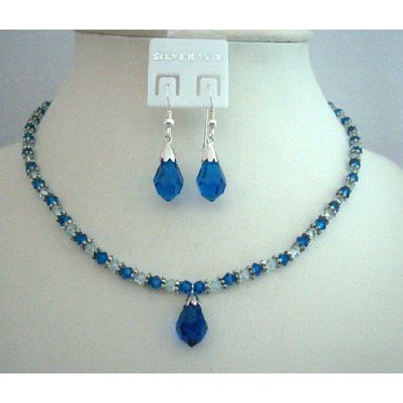 NSC349 Handcrafted Custom Jewelry Genuine Swarovski Capri Blue Crystals Necklace Set