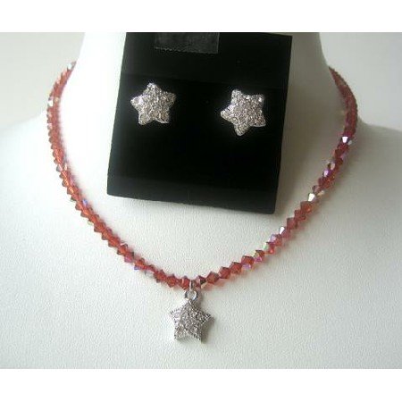 NSC329 Genuine Fine Swarovski Crystals Indian Red AB w/ Cute Star Pendants Necklace Set