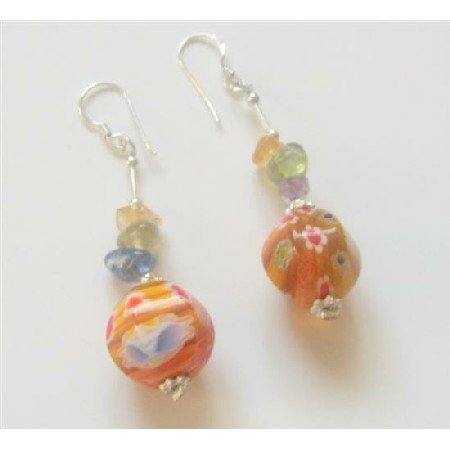 ERC342 MultiColored Stone Chips w/ Venetian Glass Bead Earrings Sterling Silver Earrings