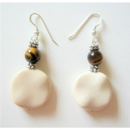 ERC334 Sterling Silver White Flat Jasper Earrings w/ Tiger Bead And Daisy Spacer Earrings