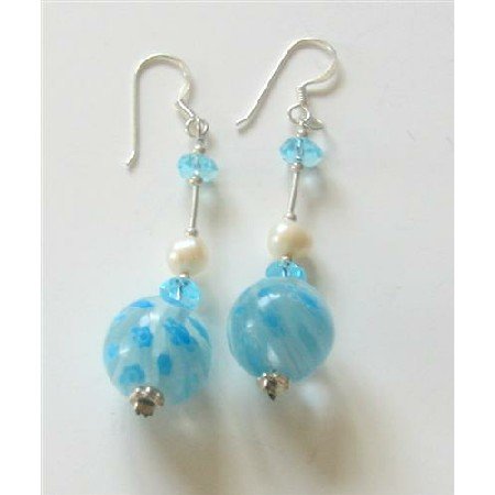 ERC340 Freshwater Pearls Venetian Glass Bead Earrings w/ Spacer Sterling Earrings