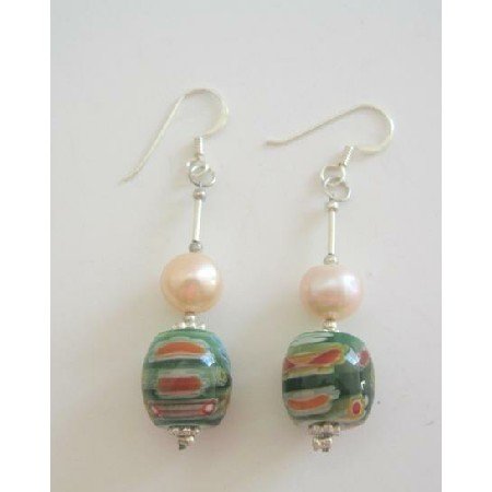 ERC225 Venetian Glass Bead Earrings w/ Mother Pearls 8mm Sterling Silver Earrings