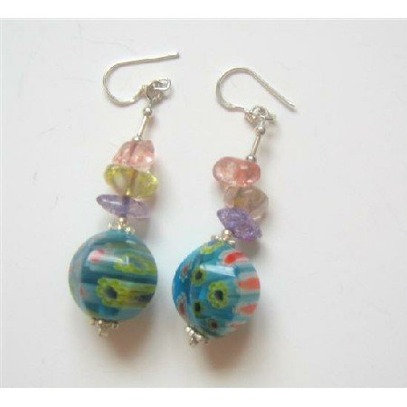 ERC341 Sterling 925 Silver Glass Beaded Earrings Venetian & Multi Colored Chips Earrings
