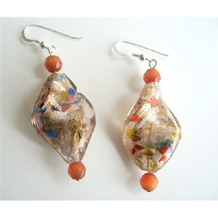 ERC327 Twisted Filled Glass Beads w/ Cat Eye Bead Sterling Silver Earrings