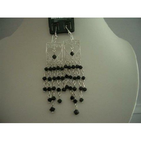 ERC116 Genuine Jet Swarovski Crystals w/ Sterling Silver Dangling