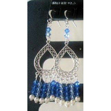 ERC063 Sterling 92.5 Stamped w/ 100% Genuine Swarovski Sapphire Crystals & Pearls