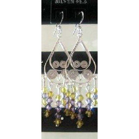 ERC060_2 Genuine Swarovski Lime & Purpl Crystals w/ Sterling 92.5 100% Silver Chandelier Earrings