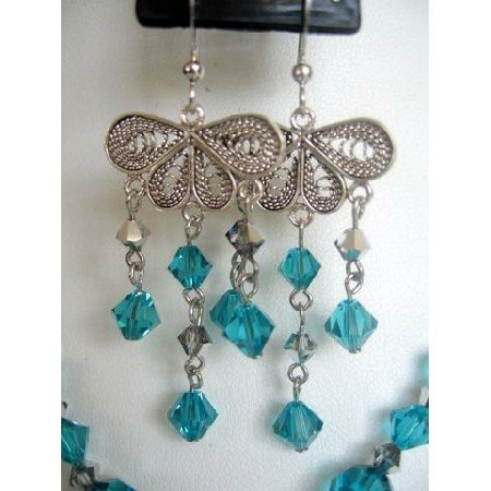 ERC124 Fine Genuine Sterling 92.5 Silver Chandelier w/ Genuine Blue Zircon Crystals Dangling