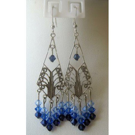 ERC141 Sterling Silver Chandelier Genuine Swarovski 3 Different Sapphire Crystals Dangling Earrings