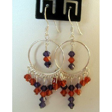 ERC093 Handcrafted Earrings Genuine Indan Red & Voilet Crystals w/Sterling Silver 92.5 Chandelier
