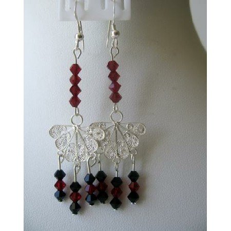 ERC140 Dark Siam Red Crystals & Jet Genuine Crystals Butterfly Chandelier Earrings