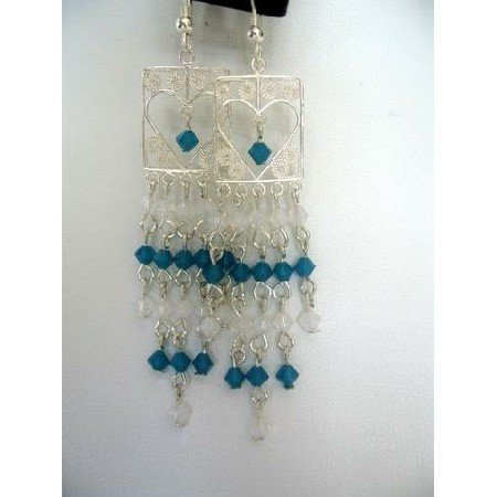ERC119 Real Sterling Silver Heart Shaped Frame Chandelier Carribean Blue&Opal White Crystals
