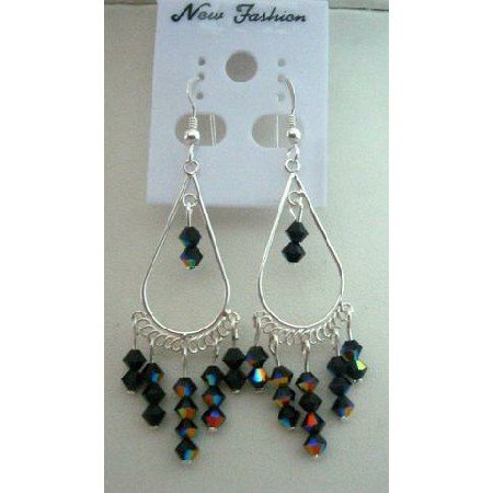 ERC064_2 New Swaovski AB Coated Jet Crystals Sterling 92.5 Silver Chanderlier Earrings