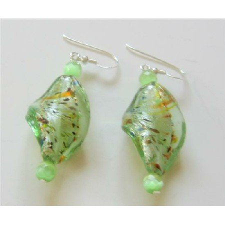ERC336 Cat Eye Glass Bead Twisted Genuine Sterling Silver Earrings