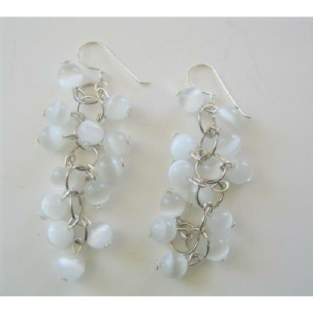 ERC364 Soothing White Cat Eye Dangling Earrings Sterling Silver Handmade Earrings