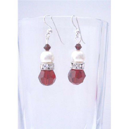 ERC359 Siam Red Swarovski Crystals w/ Simulated Diamond And White Pearls Earrings