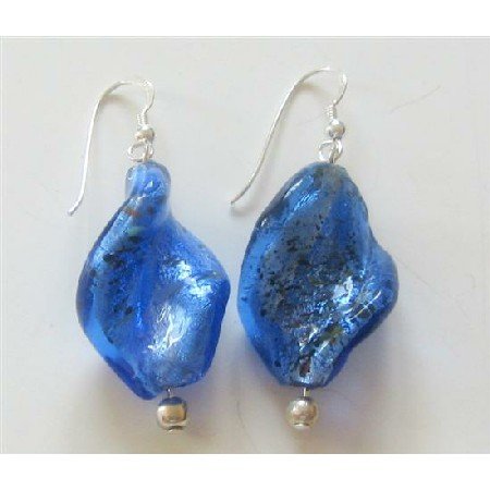 ERC337 Sterling Silver Blue Filled Twisted Glass Beads w/ Cat Eye Bead Sterling Silver Earrings