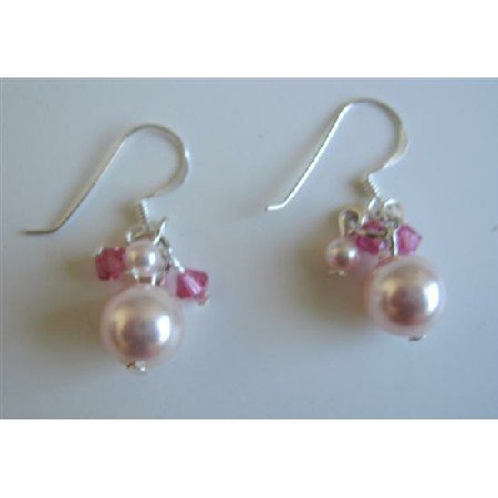 ERC465 Rose Pink Pearls w/ Fuschia Crystals Genuine Swarovski Pearls & Crystals Earrings