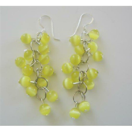 ERC363 Sterling Silver Earring Yellow Lime Cat Eye Beaded Earrings Handmade Custom Jewelry