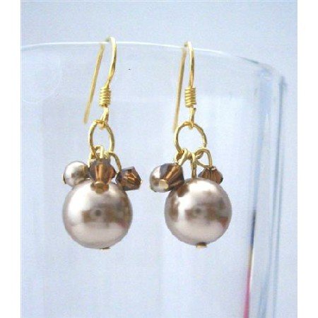ERC357 Bronze Pearls Swarovski Smoked Topaz Crystals Elegant Earrings 22k Gold Plated Earrings