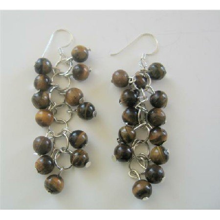 ERC361 Tiger Eye Beaded Grape Earrings Sterling Silver Handcrafted Jewelry