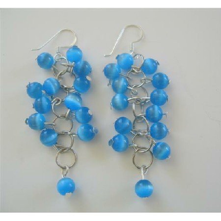 ERC360 Group Beaded Dangling Earrings Royal Blue Cat Eye Beads Sterling Silver Earrings